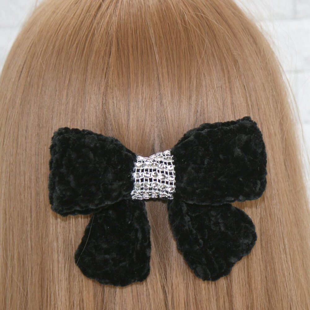 HAND CRAFTED Crochet Bow Chenille Velvet Hair Barrette Oversized Bling Black